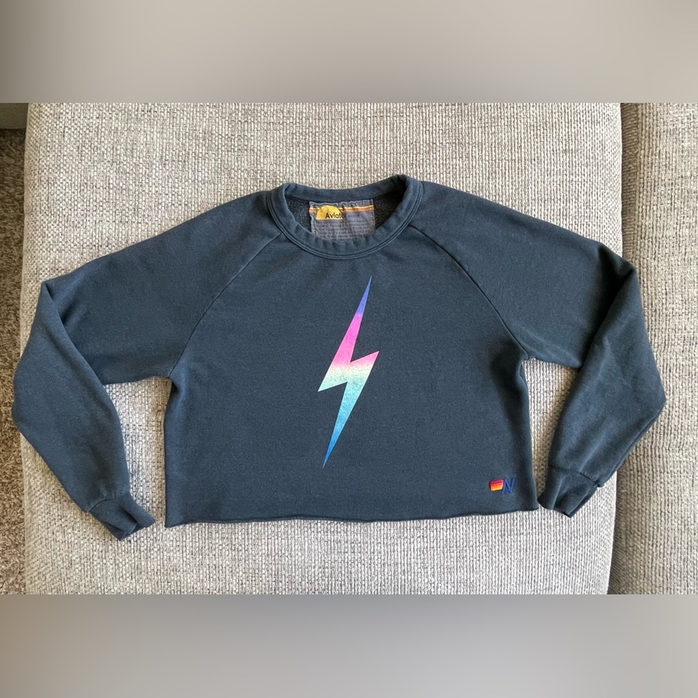 Aviator Nation Charcoal Rainbow ⚡️ Bolt Crop Crew Sweatshirt Size Small EUC